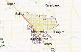 Service area map showing Modesto, Ceres, Salida, Empire, Riverbank, and Ripon